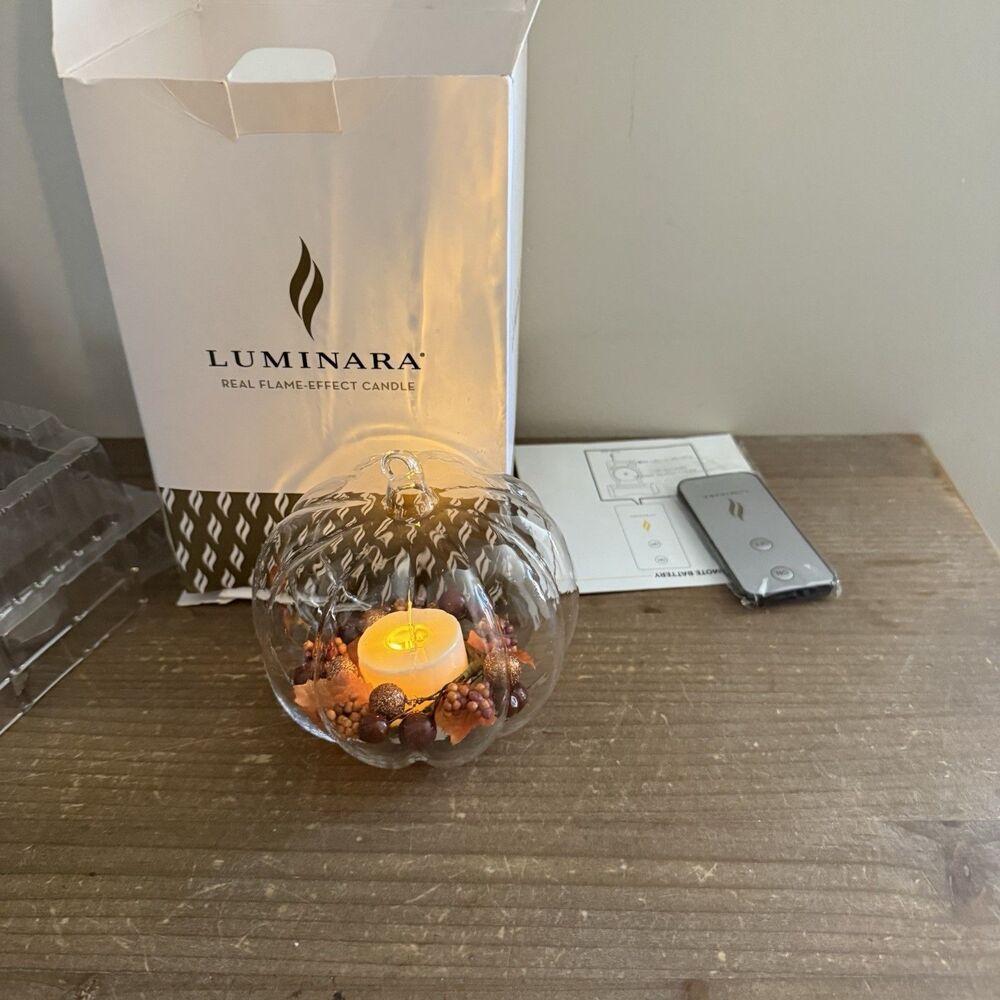 Luminara Fall Harvest Pumpkin Glass Ornament Flameless Candle New w/ Remote
